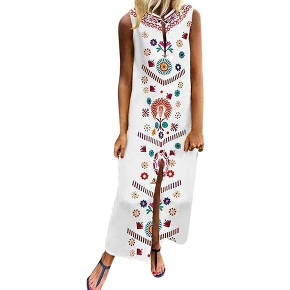 Vonda  White Floral Ethnic Bohemian Sleeveless Maxi Sundres Size S Beach - Picture 1 of 10